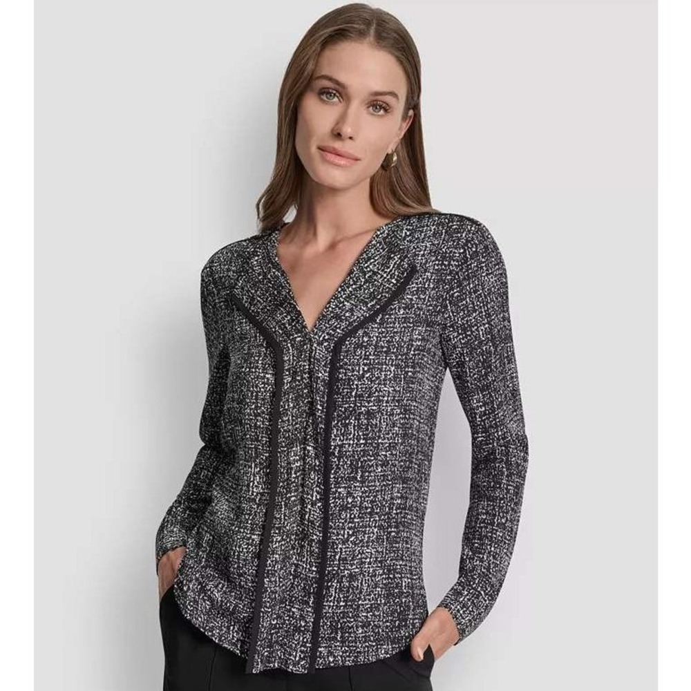 DKNY Women's Black White Abstract Print V Neck Long Sleeve Blouse Top Size L
